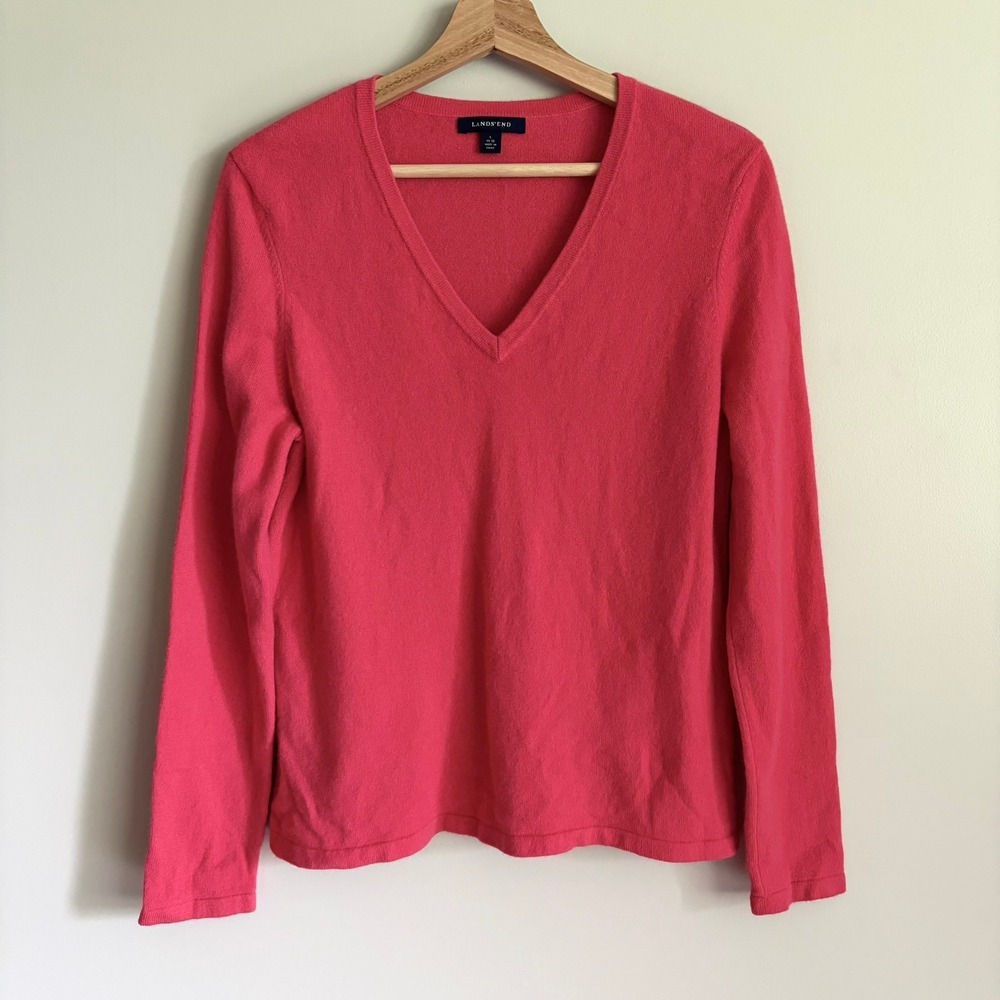 Lands End Womens Cashmere V-Neck Sweater Large 14/16 Long Sleeve Salmon Pink